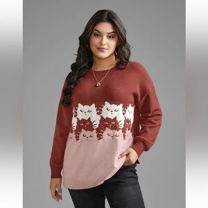 BloomChic Cat Contrast Drop Shoulder Pullover Brown Oversized Sweater Size 14-16